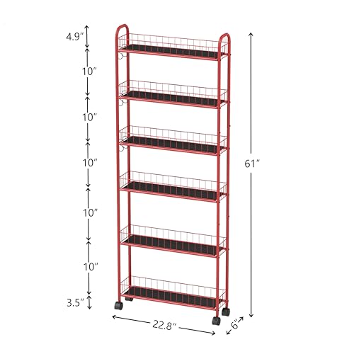 6-Tier Wire Storage Cart with Wheels for Small Spaces, Red Q62999
