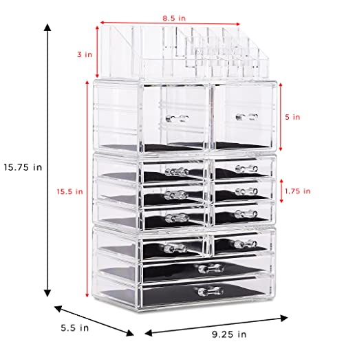 Sorbus Large Makeup Organizer - Clear Stackable 12 Drawer Cosmetic Storage with Brush Holder W163