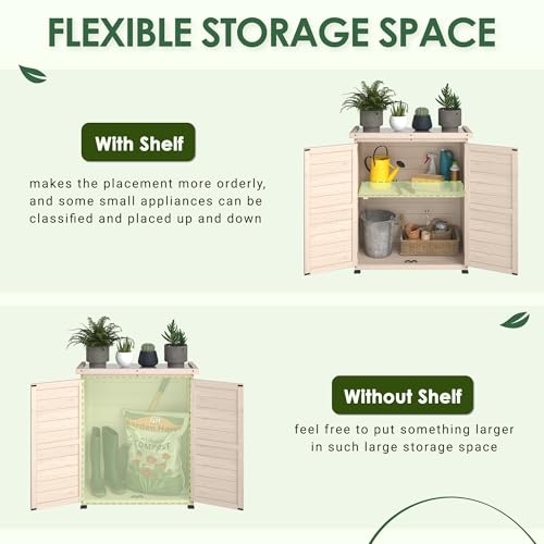 AECOJOY Outdoor Storage Cabinet with Waterproof Metal Tabletop and Removable Shelves, Beige B425