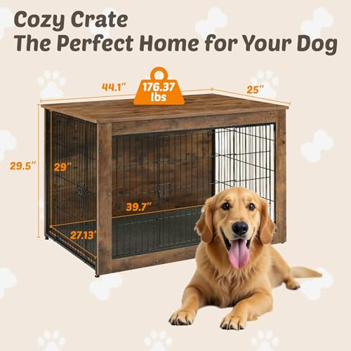 Wooden Dog Crate End Table for Large Indoor Use, Rustic Brown B947201