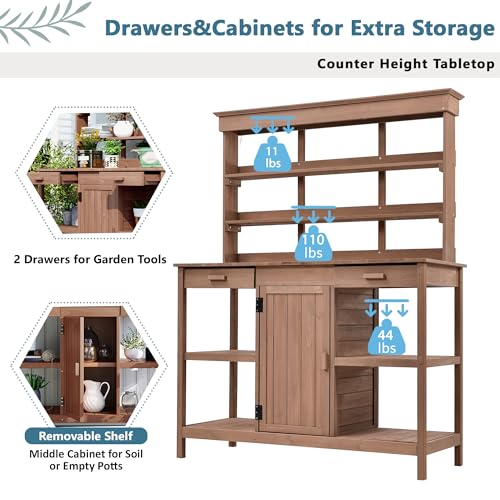 Outdoor Wooden Potting Bench Table with Drawers and Storage Shelves C672480
