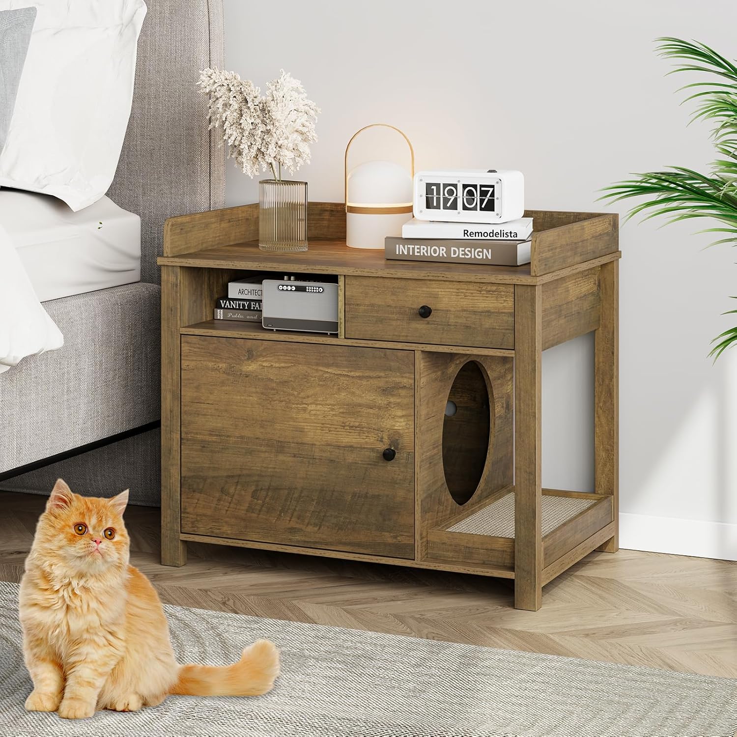 Wooden Cat Litter Box Enclosure with Shelves and Drawer G29596