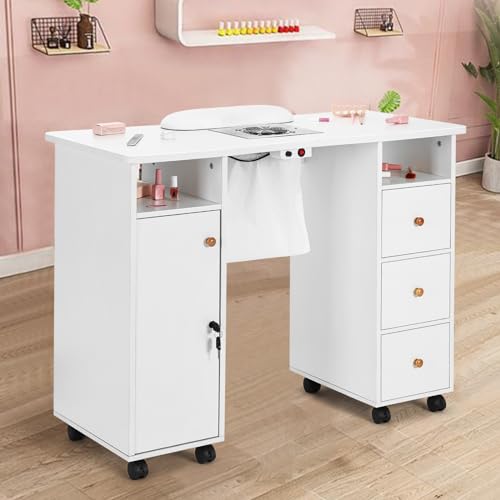 Artist Hand Manicure Table with Lockable Wheels and Storage Drawers, White Z21580