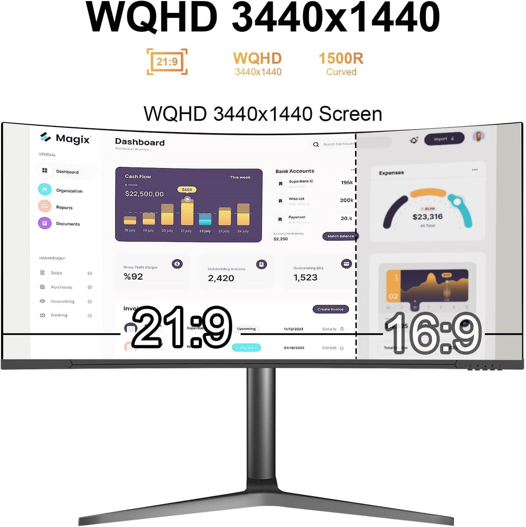 34" Curved WQHD 3440×1440 Gaming Monitor 165Hz 1ms HDR 10 Q254