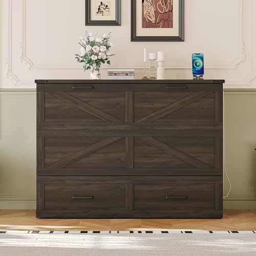 Murphy Cabinet Bed Frame with Charging Station, Full-Size Foldable Wall Bed Z526