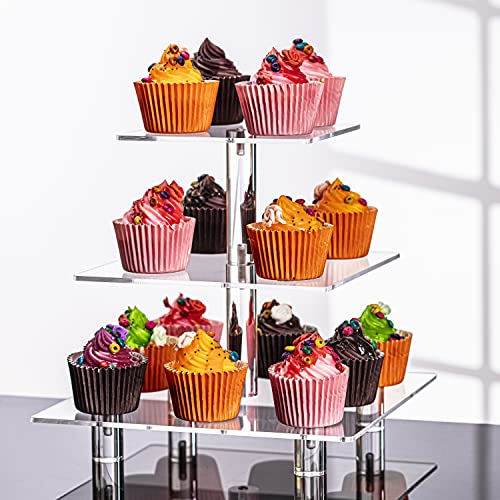 Jusalpha 3 Tier Acrylic Square Cupcake Stand, Gold Z444045