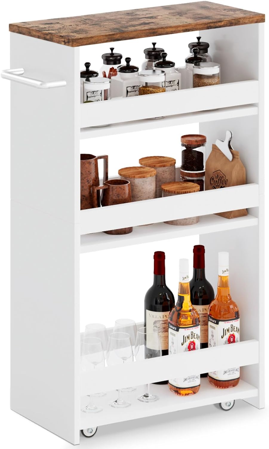 MARTY Slim Rolling Storage Cart 4-Tier Wood White Kitchen Cart with Wheels Q31344