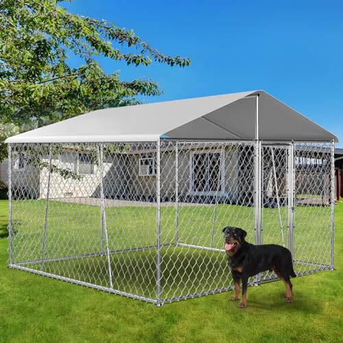 Upgraded 10×10×7FT Outdoor Dog Kennel with Roof, Large Dog House Pen Enclosure with Sidebar, Heavy Duty Chain Link Dog Kennel with Lock for Outside Backyard