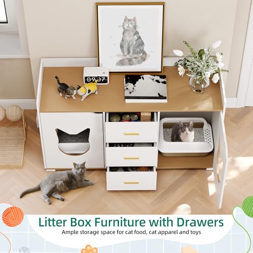 YITAHOME Cat Litter Box Enclosure Double Room with Storage Cabinet, White S11591
