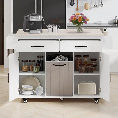 Kitchen Island Cart with Trash Can Storage and Drop Leaf B558974