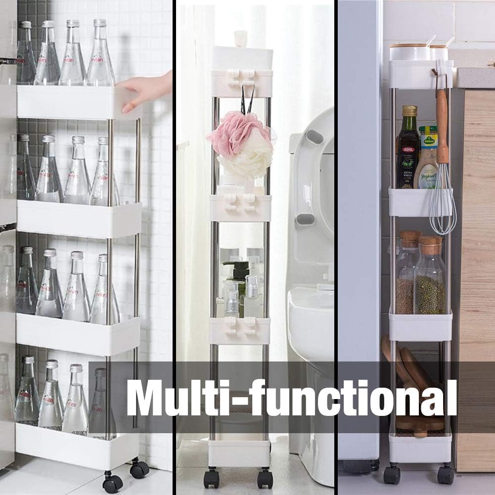 4 Tier Narrow Sliding Storage Organizer Rack Rolling Cart White L318