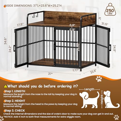 Large Dog Crate Furniture 37" Wooden Heavy Duty Kennel with Double Doors D994
