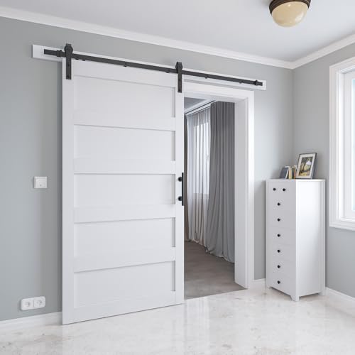 White 5-Panel Solid Sliding Barn Door with Hardware Kit W109