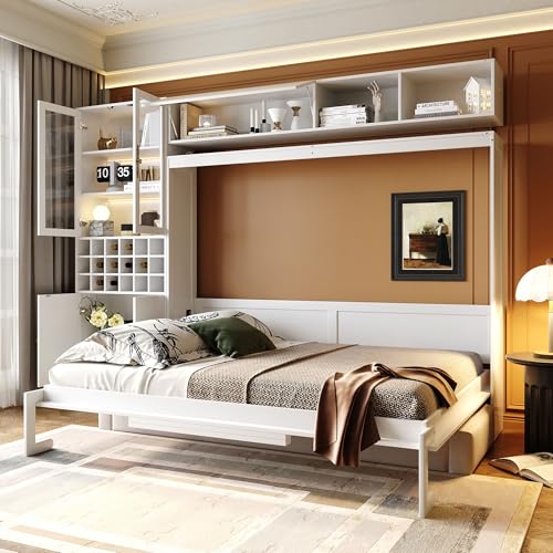 MERITLINE Queen Murphy Bed with Couch and Storage Shelves, LED Light, White J578