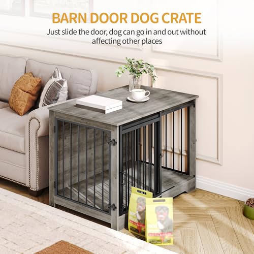 Dog Crate Furniture with Barn Door for Small Medium Dogs, Rustic Brown P911