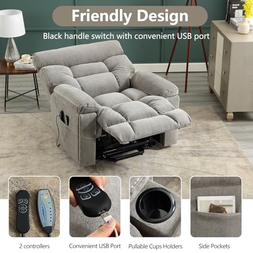 CANMOV Dual Motor Power Lift Recliner Chair for Elderly, Extra-Wide Seat, Heated Massage, Grey Fabric C219