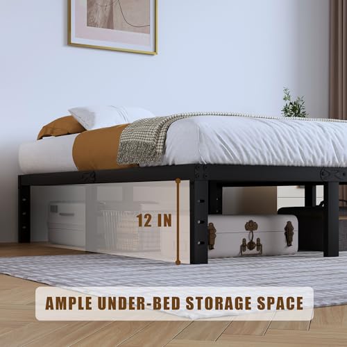 Full Metal Bed Frame 14 Inch Tall Heavy Duty Black Steel Slats Platform J736200