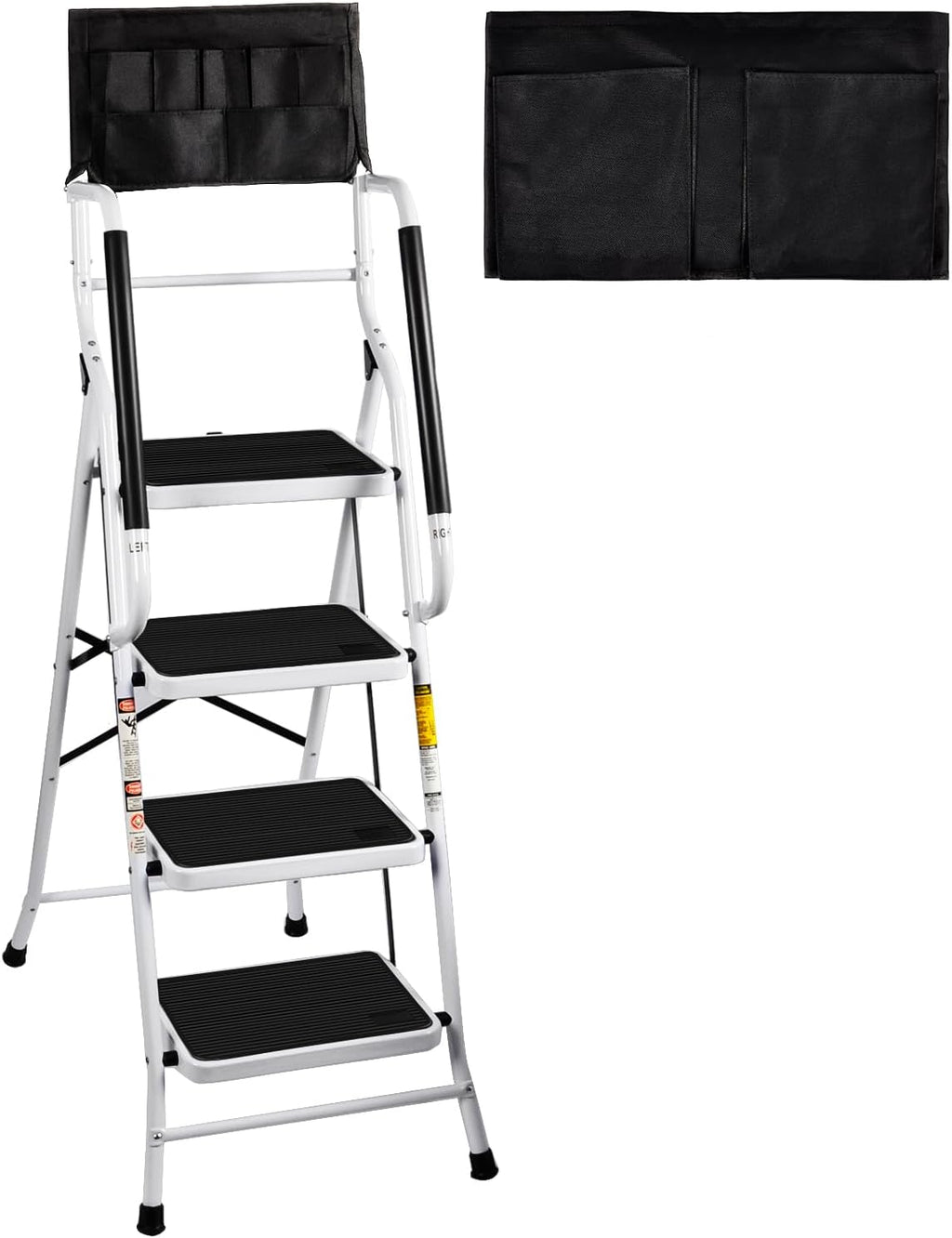 4 Step Ladder with Handrails and Tool Bag,300 lb Heavy Duty Portable Steel Ladders with Anti-Slip Base,Folding Portable Step Stools for Home Kitchen Library Office White