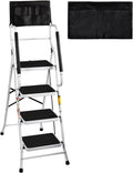 4 Step Ladder with Handrails and Tool Bag,300 lb Heavy Duty Portable Steel Ladders with Anti-Slip Base,Folding Portable Step Stools for Home Kitchen Library Office White