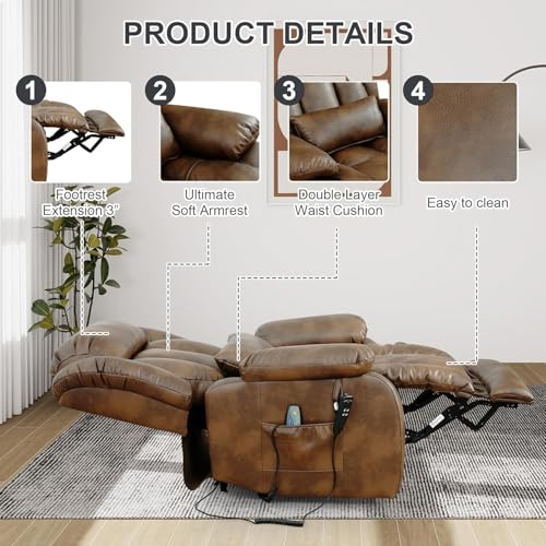 EDILLY Genuine Leather Power Lift Recliner Chair with Massage and Heating, Brown C901