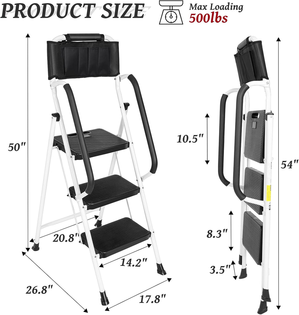 3 Step Ladder with Handrails, Attachable Tool Bag, 500 lbs Capacity, White X59037