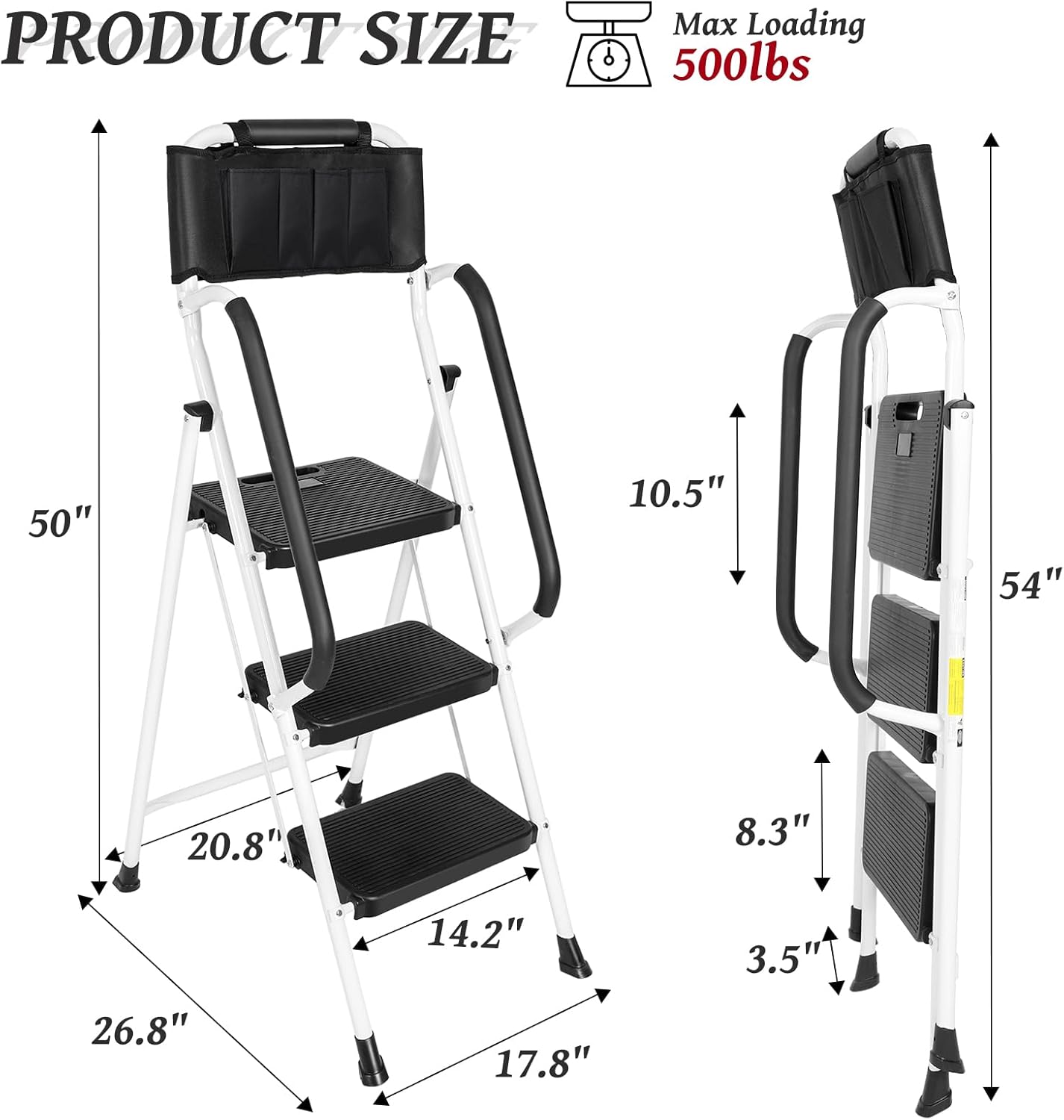 3 Step Ladder with Handrails, Attachable Tool Bag, 500 lbs Capacity, White X59037