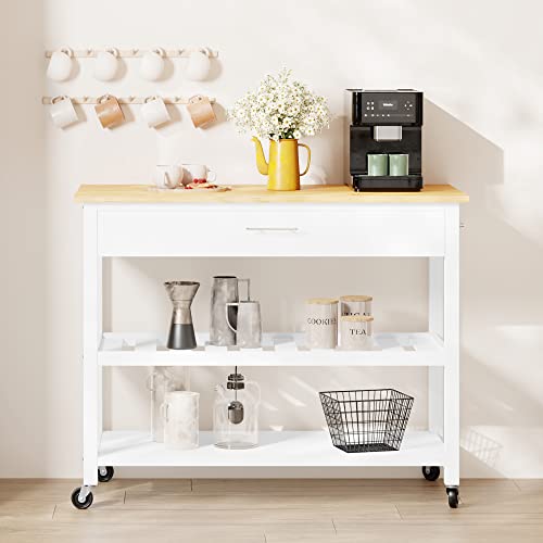 Shintenchi Kitchen Island with Drop Leaf, Rolling Cart with Storage, White T972