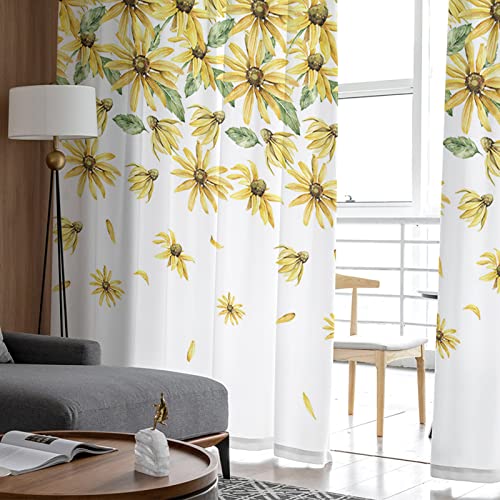 Spring Floral Sheer Curtains Yellow Flowers Rod Pocket Voile Window Panels Set of 2, 52 x 54 inch V46628