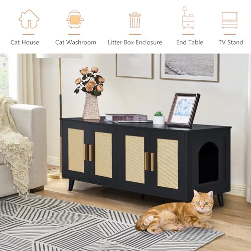 Homhedy Boho Cat Litter Box Enclosure for 2 Cats with Rattan Doors, Natural U829