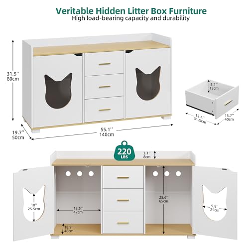 YITAHOME Cat Litter Box Enclosure Double Room with Storage Cabinet, White S11591