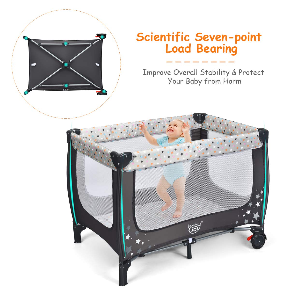 HONEY JOY Pack and Play, Foldable Baby Playard with Bassinet, Gray D272491