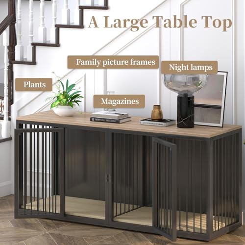 Large Dog Crate Furniture for 2 Dogs, All Steel Frame with Wooden Top (White) M394533