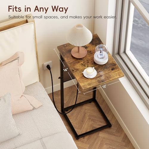Vagusicc C Shaped End Table with Charging Station, Adjustable Height, Brown C747005
