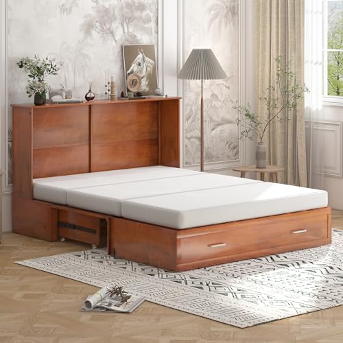 BALUS Murphy Cabinet Bed Queen with Charging Station, Tri-fold Memory Mattress, Storage Drawers, White Y6917