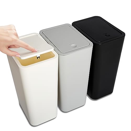 N. NETDOT Bathroom Trash Can with Lid 3 Pack Set, 2 Packs 3.4 Gal 13L Slim Kitchen Trash Can and 1 Pack 2.6Gal 10L Garbage Can, Small Trash Can/Trash Bin/Waste Basket for Bedroom (Grey, Pack of 3)