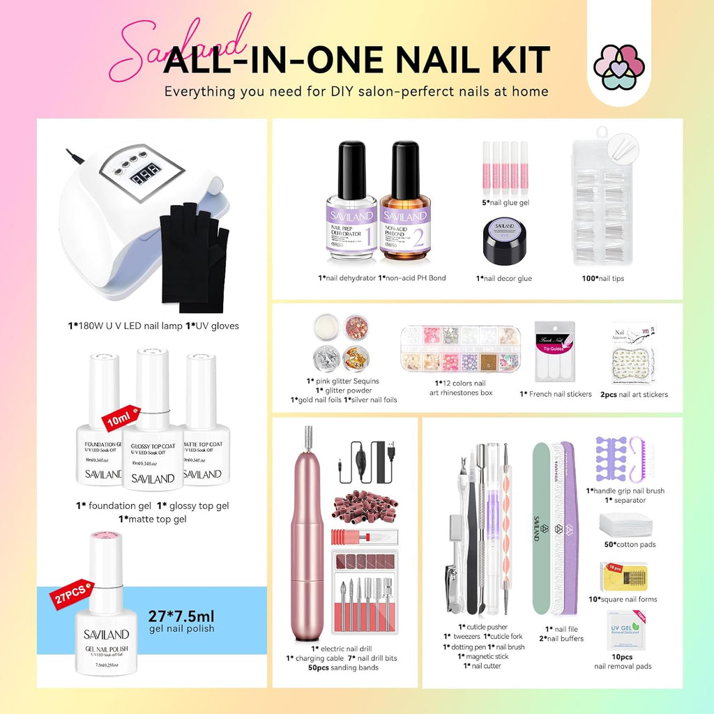 Saviland Gel Nail Polish Kit with UV Light, 27+3 Colors, Soak-Off Gel, Nail Lamp & Drill V113352