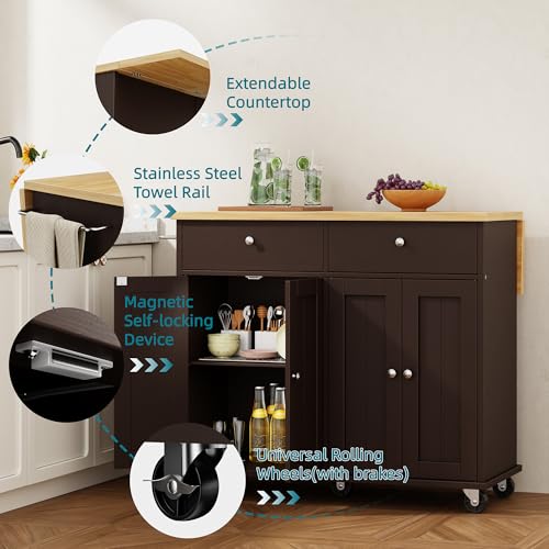 Shintenchi Kitchen Island with Drop Leaf, Rolling Cart with Storage, White T972