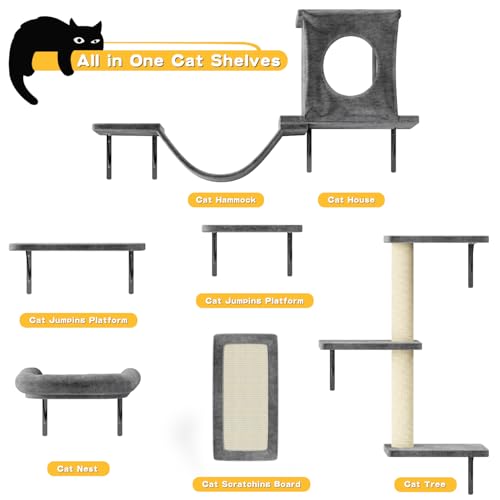 NUNU LAB Wall Mounted Cat Furniture, 7 Pcs Cat Wall Shelves with House, Gray T582052