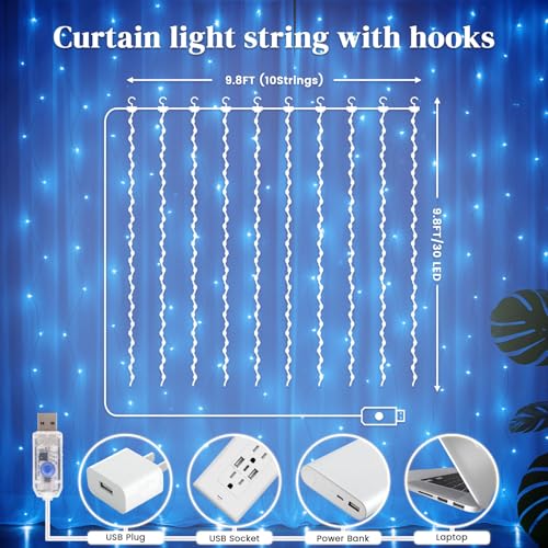 DomeStar 300 LED Fairy Curtain Lights, 9.8ft x 9.8ft, Battery Operated, Remote, Waterproof, Blue E40014
