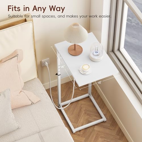 Vagusicc C Shaped End Table with Charging Station, Adjustable Height, Brown C747005