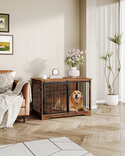 Dog Crate Furniture with Barn Door for Small Medium Dogs, Rustic Brown P911