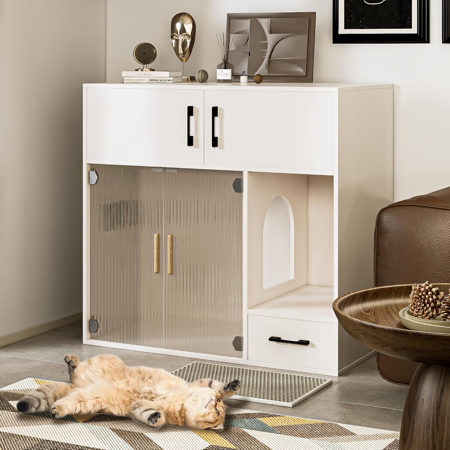 Cat Litter Box Enclosure Furniture Style White Cat Cabinet Side Table with Storage Space for Living Room, 37.4'' x 19.7'' x 35.4''