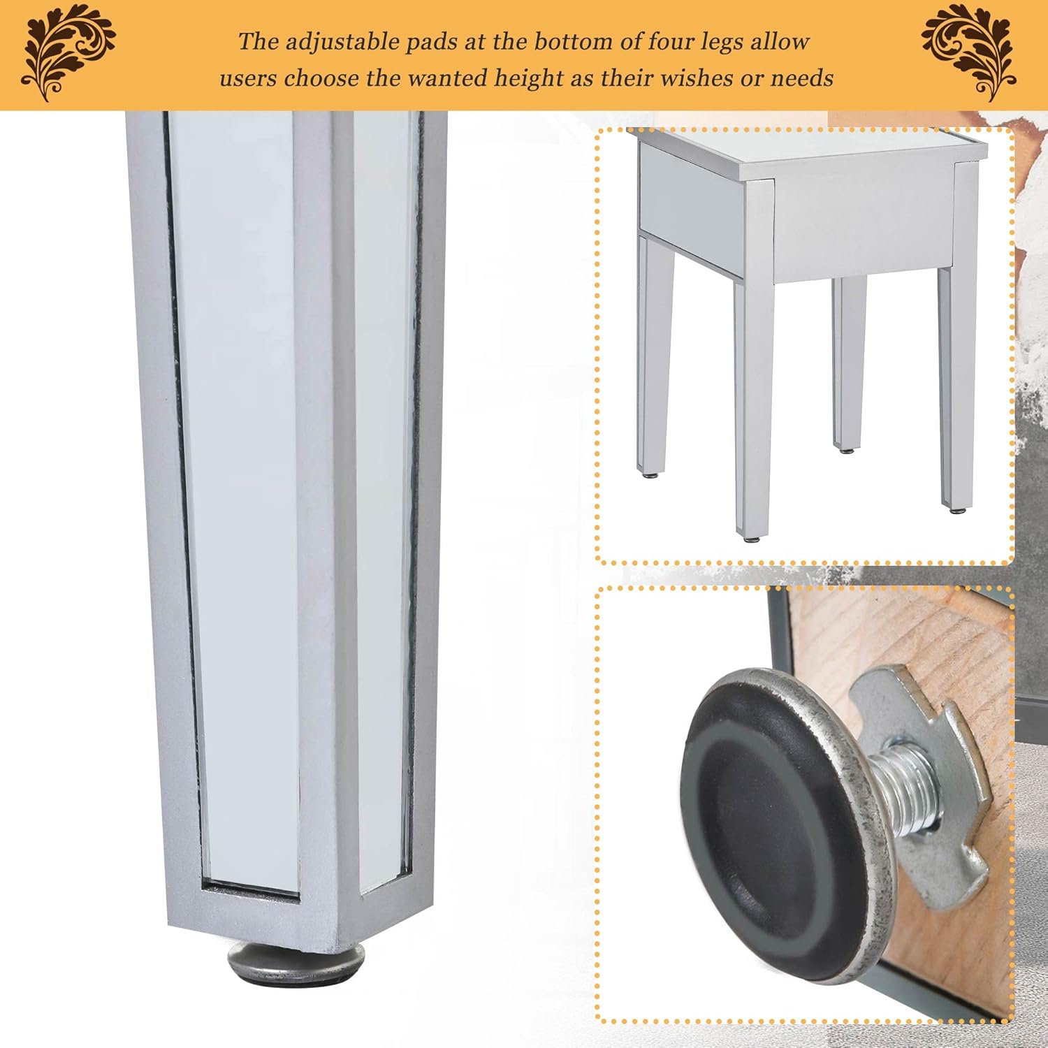 Modern Glass Mirrored End Table with Drawer, Silver V735