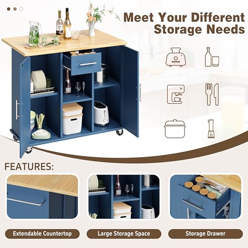 Shintenchi Kitchen Island with Drop Leaf, Rolling Cart with Storage, White T972