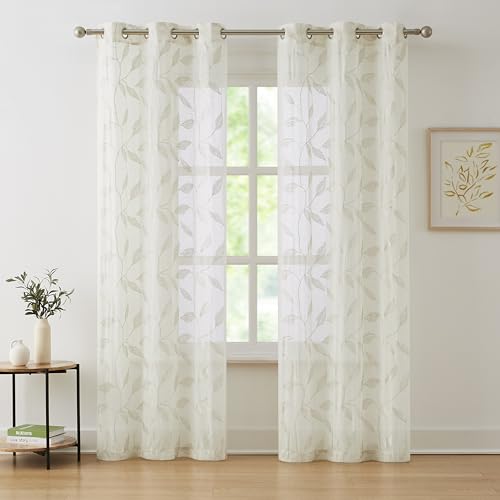Bujasso White Floral Semi Sheer Curtains 84 Inch Embroidered Leaf Patterned Window Panels W77666