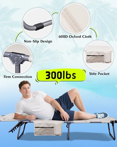 WLIVE Military Camping Cot, Portable Folding Cot with Carry Bag, Supports 300 Lbs, Silver Greige R758042