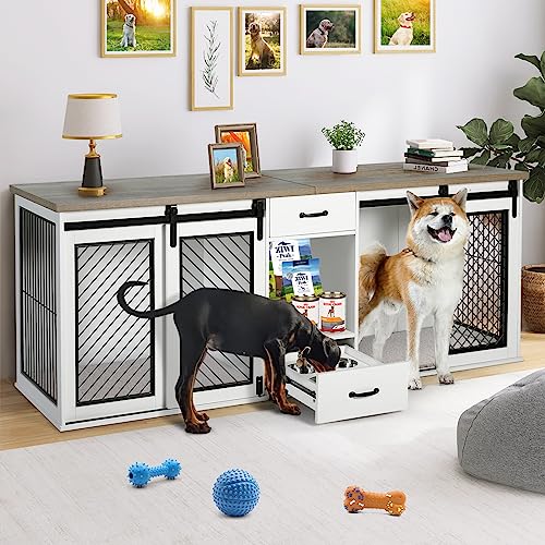 Extra Large Dog Crate Furniture 85" Sliding Door Double Kennel for 2 Large Dogs, White N35378