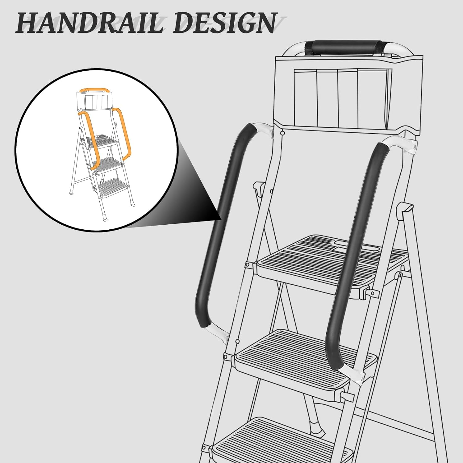 3 Step Ladder with Handrails, Attachable Tool Bag, 500 lbs Capacity, White X59037
