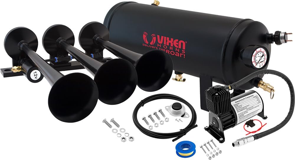 Vixen Horns Train Horn Kit for Trucks/Car/Semi. Complete Onboard System- 150psi Air Compressor, 1.5 Gallon Tank, 3 Trumpets. Super Loud dB. Fits Vehicles Like Pickup/Jeep/RV/SUV 12v VXO8715B/3118B