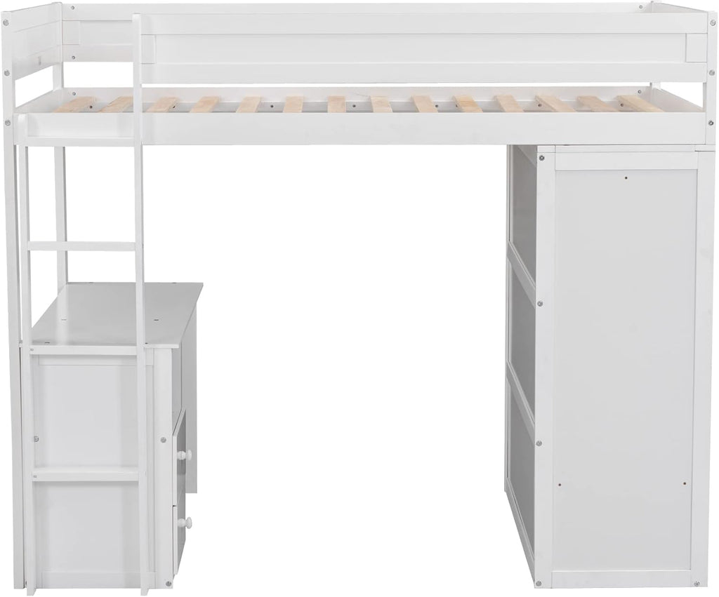 Modern Twin Loft Bed with Desk and Wardrobe, White L334490